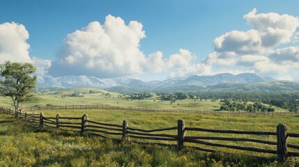 Serene Mountain Meadow Landscape: A picturesque view of a tranquil meadow with a wooden fence, lush greenery, and snow-capped mountains under a bright, sunny sky.