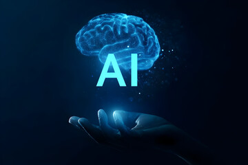 Futuristic AI Brain Concept Floating Above Hand in Glowing Blue Light and Dark Background