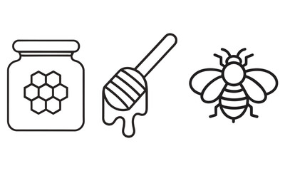 Honey Jar, Dipper, and Bee Outline Icons Set, vector illustration