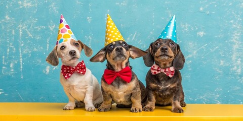 Celebration, happy birthday, Sylvester New Year's eve party, funny animal greeting card - Group of cute little dogs pets with party hat and bow tie on yellow table and blue wall background texture