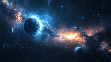 Beautiful outer space scenery with a small spaceship and distant planets against a deep cosmic background. AI.