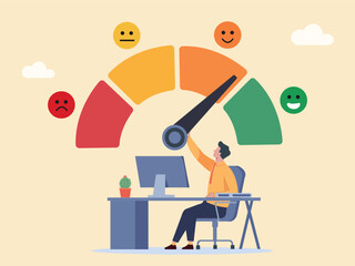 Businessman working at office desk with satisfaction rating, Job satisfaction, work life balance score rating, career growth or workload concept.