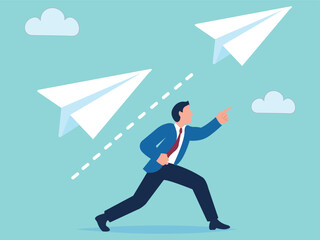 Obraz premium Businessman Launching Paper Airplanes Success and Innovation Concept, company direction, leadership strategy.