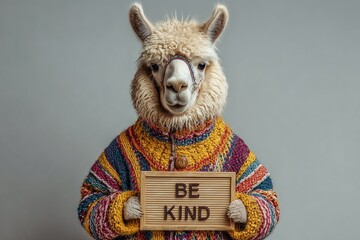 A stylish llama in a vibrant sweater holding a message board saying "Be Kind" on a minimalist white background.
