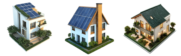 Collection of various 3D isometric house on grass with solar panels isolated on transparent background