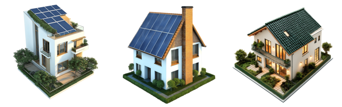 Collection of various 3D isometric house on grass with solar panels isolated on transparent background
