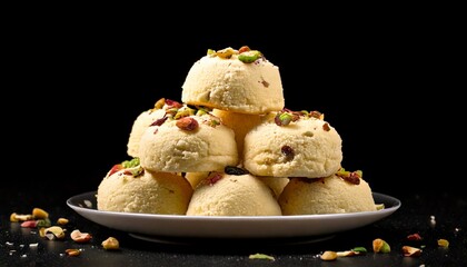 realistic photography of round indian sandesh premium sweets in piles front view with plain black background
