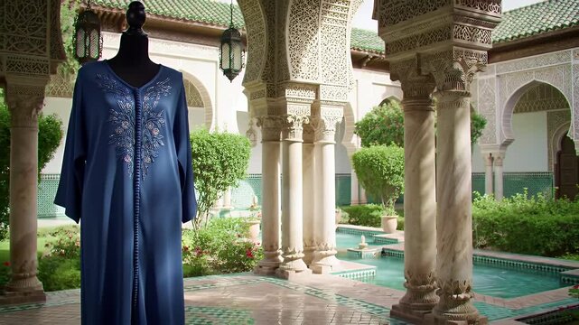 Navy Blue Caftan on Mannequin in Moroccan Courtyard with Intricate Architecture and Tranquil Water Feature
