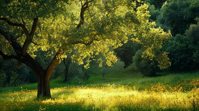 Golden light on large tree in field of yellow flowers on summer day. Green nature landscape for tranquil outdoor travel in spring.
