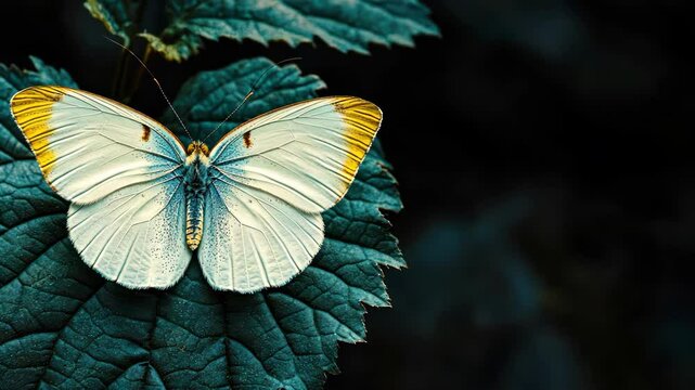 Elegant butterfly with white wings and yellow tips resting on green leaf. Insect macro shot with copy space. Nature beauty.