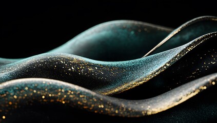 Fototapeta premium Abstract black background with teal and gold gradient shapes, close-up of an elegant curved object in the foreground, soft lighting creating subtle shadows on the curves, 