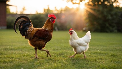 Fototapeta premium A vibrant rooster and white hen together at sunset.
