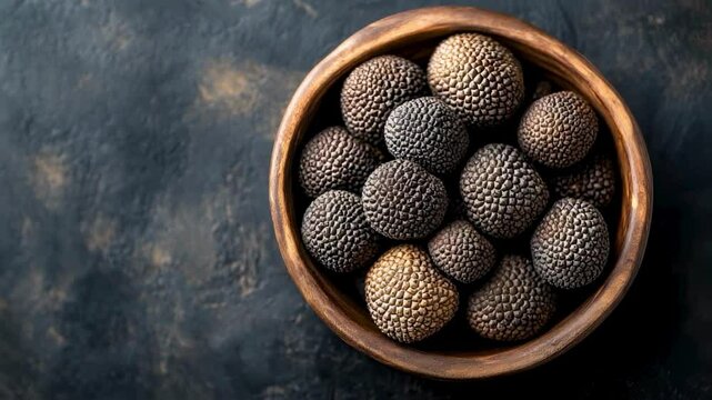 Dark Brown and Gold Textured Balls in Wooden Bowl on Dark Background