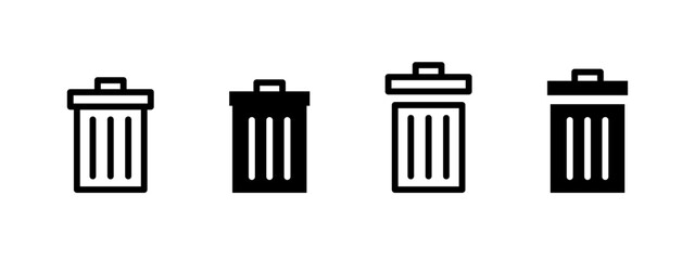 Trash bin icon. Classic garbage container with vertical lines and handle lid vector illustration. Symbol of waste disposal and cleanup. Remove and recycle sign. Rubbish control pictogram.