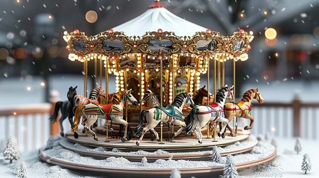 carousel with horses, Christmas theme, watercolor illustration, isolated on a white background  HD 8k wallpaper photographic image
