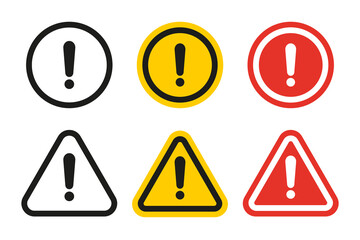 Collection of scalable cautionary symbols in black, yellow, and red. Exclamation mark icon set. Vector warning sign icon for safety hazard awareness.