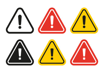Vector warning sign icon for safety hazard awareness. Collection of scalable cautionary symbols in black, yellow, and red. Exclamation mark vector illustration. Attention icon set.
