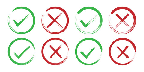 Check mark icon button set featuring checkboxes with right and wrong selections. Brush painted grunge vector graphic collection of yes or no checkmark symbols in green tick boxes and red crosses. 