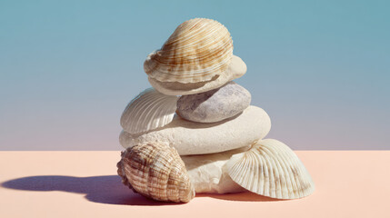 Aesthetically Pleasing Stack of Sea Shells on Transparent Background


