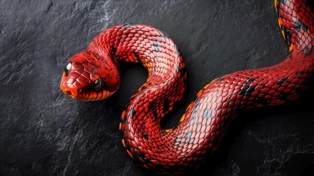 Vibrant Red Snake on Dark Background Close-up of a Striking Reptile
