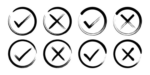 Black check mark approval and cross rejection vector signs. Tick, cross, yes, and no vector icon set. Grunge hand drawn rough style. Brush painted, marker sketch vector graphic collection.