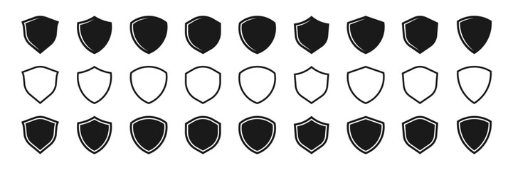 Protection shield icon set vector. Ideal for logo, crest, badge, symbol, emblem, etc. design projects. Protective security shapes silhouette for quality, safety, defense, and certification visuals.