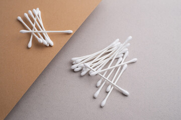 Bamboo cotton buds on a colored background. Biodegradable ear swabs. Eco product