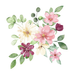 Pink flowers watercolor, floral clip art. Bouquet roses perfectly for printing design on invitations, cards, wall art and other. Botanical illustration isolated on white background. Hand painting.