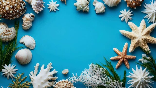 Seashell and Starfish Frame on Vibrant Blue Background Summer Vacation Concept