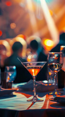 Close-up of elegant cocktail glasses on a table in a festive nightlife setting. Captures the ambiance of celebration.