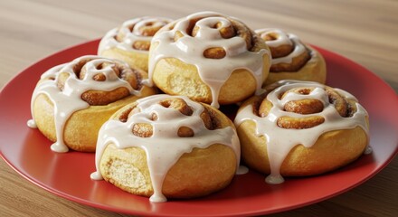 Freshly Baked Cinnamon Rolls with Creamy Icing on a Red Plate, Perfect for Breakfast or Dessert with Warm, Sweet Aroma and Soft Texture