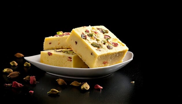black plain background with cube sandesh premium indian sweets on plate front view photography
