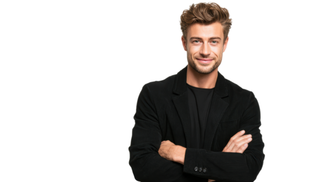 Confident man in black blazer, arms crossed, smiling, isolated on white background.