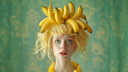 A model poses in a playful manner, showcasing a unique headdress made of ripe bananas. Her blonde curly hair complements the fresh, fruity theme against a patterned green background