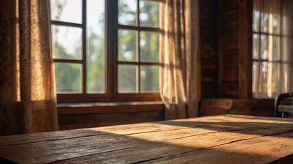 Fototapeta premium Close-Up of Rustic Wooden Tabletop with Soft Indoor Background
