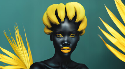 A model poses confidently with a creative hairstyle made of bananas, contrasting her black face paint and vibrant yellow lips. Tropical leaves add to the bold, artistic expression in the background