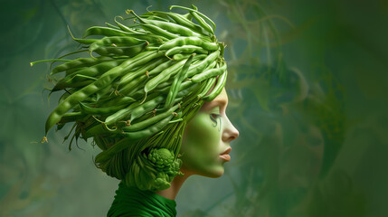 A woman poses gracefully, showcasing a stunning hairstyle made entirely of green vegetables