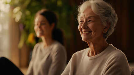 In a calm studio, an elderly woman beams with joy as she talks with a young woman post-yoga session, their mats rolled up nearby, the air filled with a sense of accomplishment. The