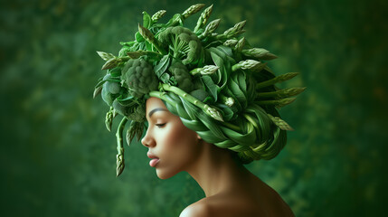 A woman poses gracefully with an elaborate hairstyle made from fresh vegetables, set against a rich green background. Her serene expression enhances the vibrant, natural theme