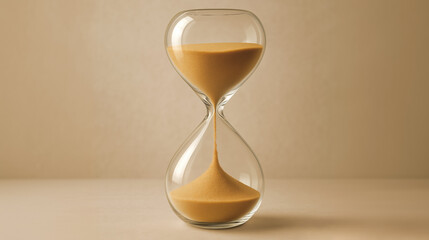 An hourglass stands gracefully on a smooth surface, with fine golden sand cascading from the upper chamber to the lower. The simple design highlights the concept of time and transition