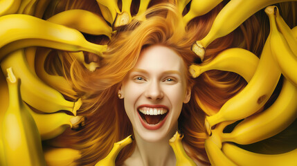A woman with bright red hair smiles widely as she is playfully surrounded by a multitude of ripe yellow bananas. The colorful arrangement adds to the lively atmosphere, radiating happiness