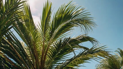 Close-Up of Tropical Palm Tree Against Clear Blue Sky