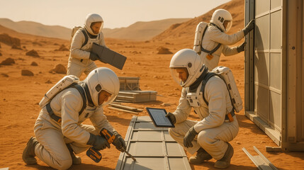 A group of astronauts is busy constructing a habitat on Mars. They use various tools and technology to assemble structures in the challenging environment while working together efficiently