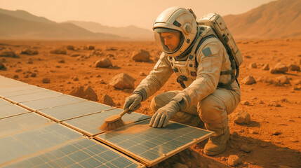 Astronauts engage in routine maintenance by cleaning solar panels to ensure energy efficiency on Mars. The reddish terrain highlights the challenges of colonizing the planet