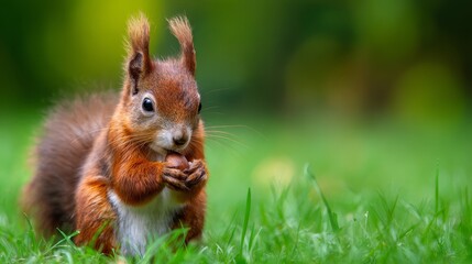 Fototapeta premium Adorable red squirrel eating acorn on green grass, National Geographic-style wildlife photography