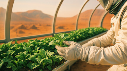 Astronauts are engaged in growing crops in environmentally controlled greenhouses on Mars. This pioneering effort aims to establish sustainable food sources for future Mars missions