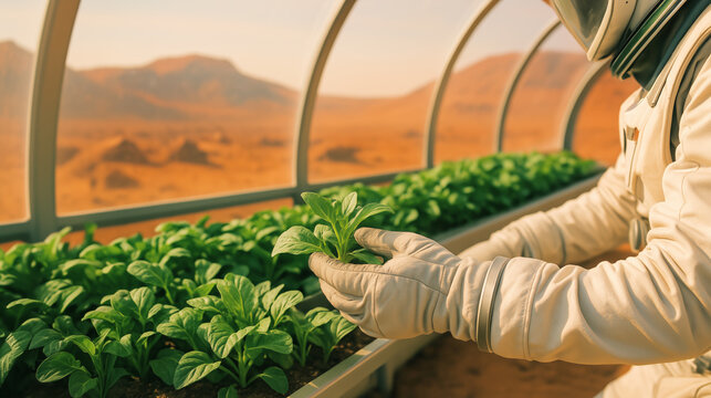 Astronauts are engaged in growing crops in environmentally controlled greenhouses on Mars. This pioneering effort aims to establish sustainable food sources for future Mars missions - Powered by Adobe