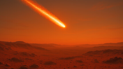 A bright meteor travels through the red sky above Mars, illuminating the rugged terrain below. Colonization teams assess the environment at dusk, capturing the celestial event