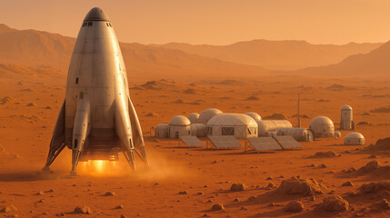 A rocket launches gracefully from the Martian surface, while futuristic domes and solar panels nestle nearby, showcasing humanity's ambition to inhabit the Red Planet in the near future