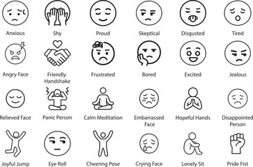Emotion Icons Set: Vector Line Illustration of Feelings Isolated on White Background.